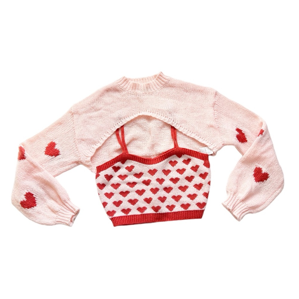 NWT SHEIN ICON Heart Pattern Knit Top & Mock Neck Drop Shoulder Shrug Sweater S